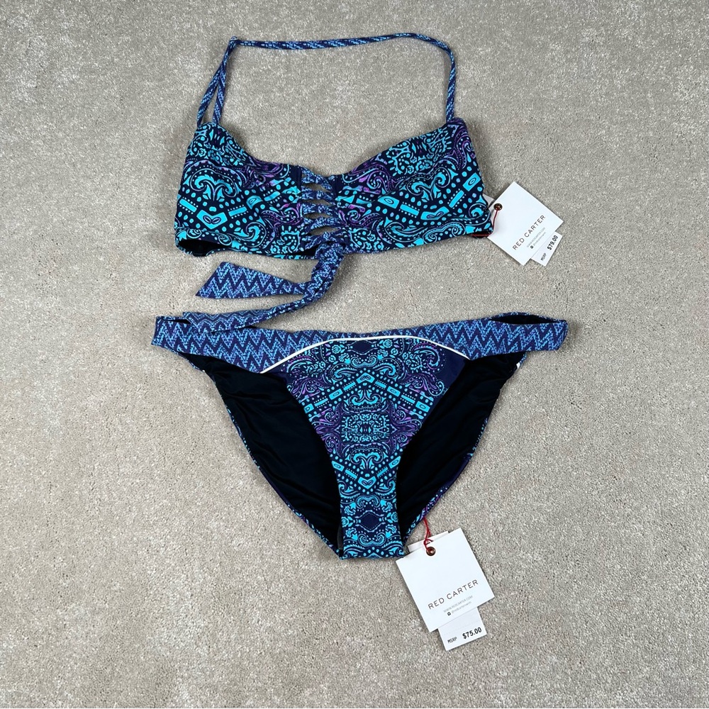 Red Carter Bikini 2 Piece Swim NWT Cali Cut Bottom Halter Top Convertible Medium